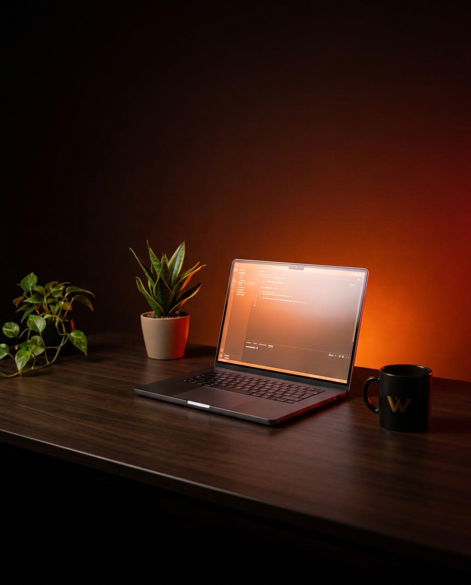 The Spydra Web Designs studio desk, laptop glowing in warm ember light